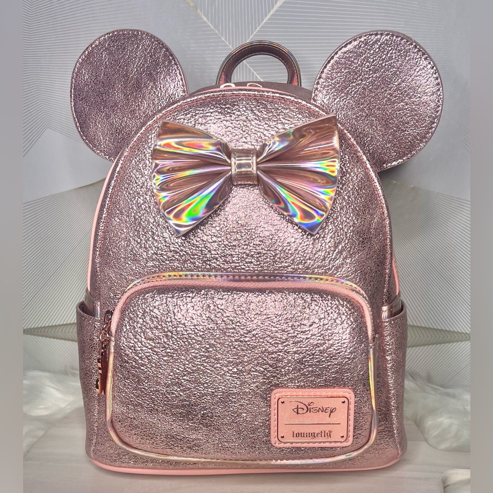 •SOLD• Loungefly Disney Minnie Pink Rose Metallic w/Rose Gold Hardware Backpack
